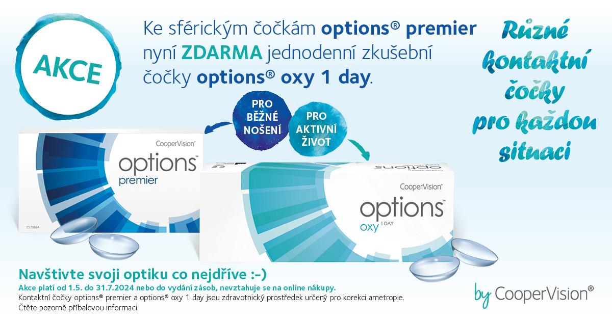 Ke sférickým čočkám options® premier nyní zdarma jednodenní zkušební čočky options® oxy 1 day.
